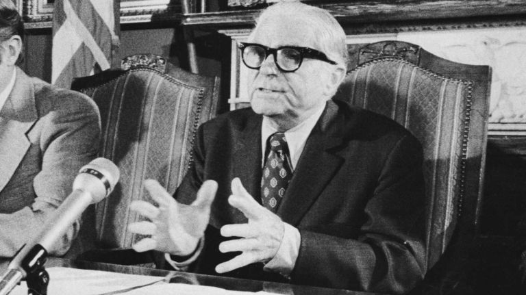 Abraham Beame became the first Jewish mayor of New York City when he took office in January 1974. In this Oct. 29, 1975 photo, Beame reacts to President Ford's declaration that he would veto any bill calling for a federal bailout of New York City during the city's financial crisis. Beame served one term as mayor, losing his bid for a second term to Ed Koch in 1977.