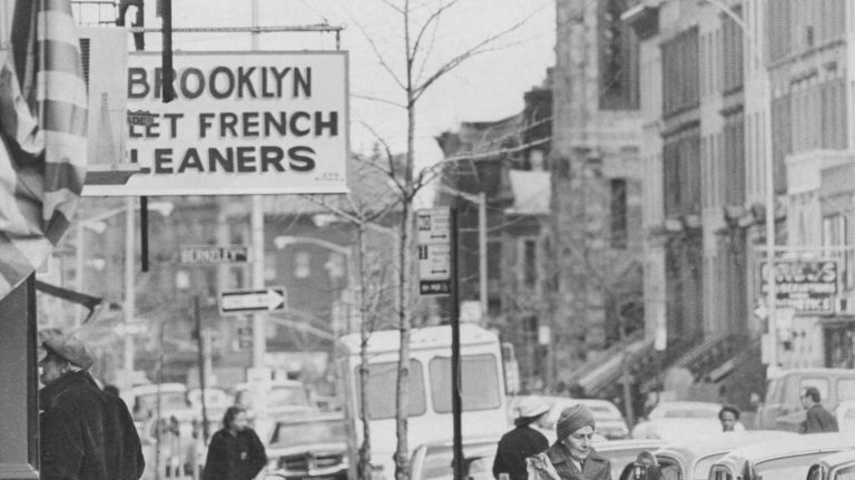 Street scene at the corner of 7th Avenue and Union Street in Park Slope, Brooklyn, on April 3, 1976.