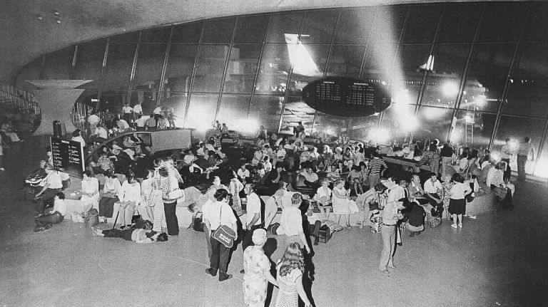 A crowd at the TWA terminal at Kennedy Airport during a massive blackout on July 13, 1977.