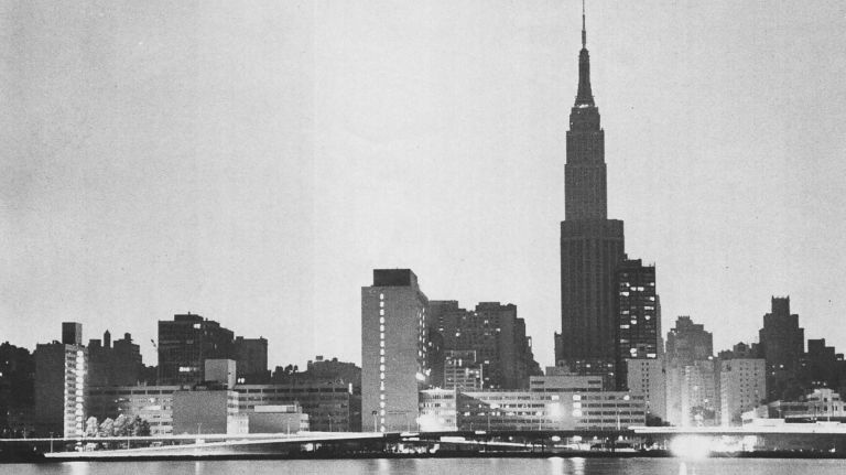 The New York City skyline in darkness at about 11 p.m. during the blackout on July 13, 1977.