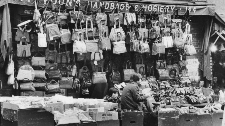 Handbags for sale on Orchard Street in Manhattan on Nov. 9, 1977.