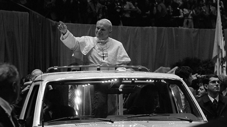 Pope John Paul II enters Madison Square Garden in the popemobile on Oct. 3, 1979.