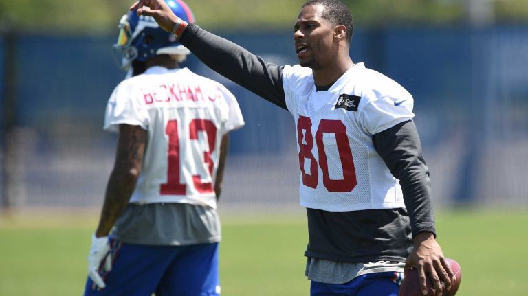 New York Giants wide receiver Victor Cruz reacts during the Giants Organized Team Activities at Quest Diagnostics Training Center on Monday, May 23, 2016.
