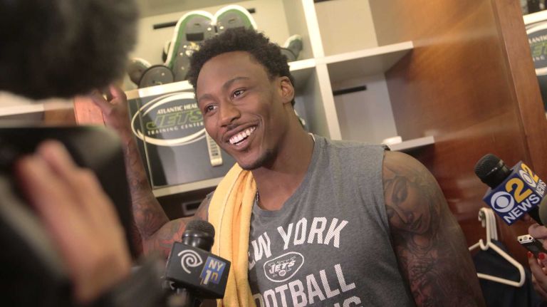 Brandon Marshall of the Jets addresses the media during the Jets' OTAs on Wednesday, June 1, 2016 in Florham Park, N.J.