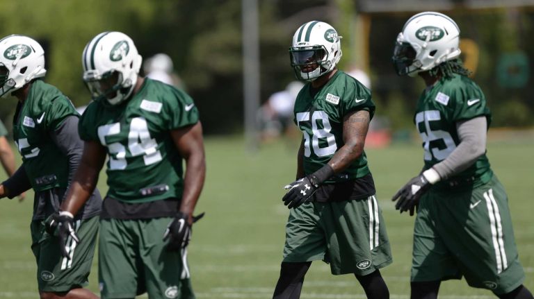 Erin Henderson (#58) of the Jets on the field during the Jets' OTAs on Wednesday, June 1, 2016 in Florham Park, N.J.
