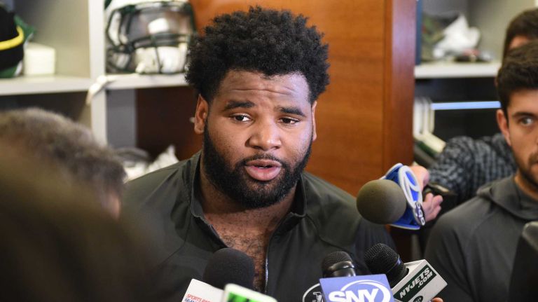 New York Jets defensive end Sheldon Richardson answers questions from the media during Organized Team Activities at the Jets Training Center on Wednesday, May 25, 2016.