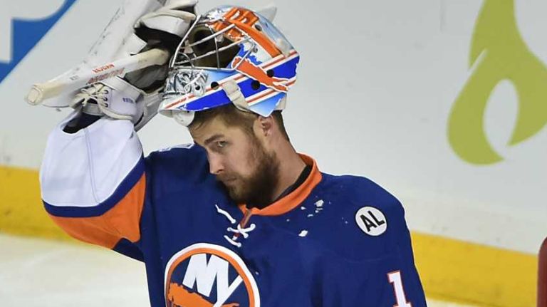 New York Islanders goalie Thomas Greiss (1) is dejected after the winning goal against him in overtime in Game 3 of the Eastern Conference semifinals against the Tampa Bay Lightning on Tuesday, May 3, 2016 at Barclays Center.