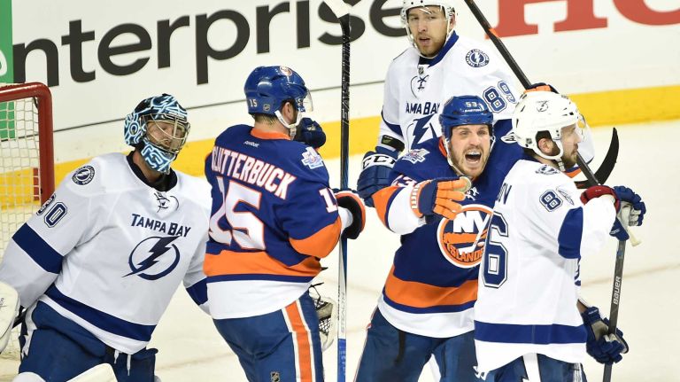 New York Islanders center Casey Cizikas (53) celebrates after defenseman Nick Leddy (2) scored in the second period in Game 3 of the Eastern Conference semifinals against the Tampa Bay Lightning on Tuesday, May 3, 2016 at Barclays Center.