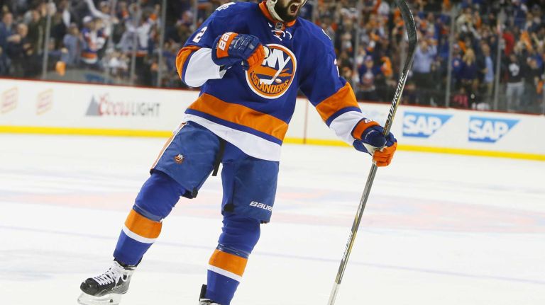 New York Islanders defenseman Nick Leddy (2) celebrates after scoring a game-tying goal in the second period in Game 3 of the Eastern Conference semifinals against the Tampa Bay Lightning on Tuesday, May 3, 2016 at Barclays Center.
