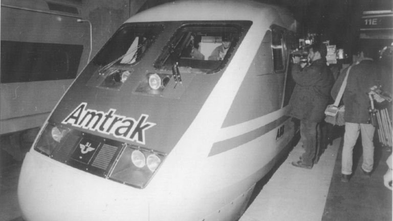 Amtrak's X2000 train at Penn Station in New York City on Jan. 27, 1993. The train, which held 197 passengers and had a top speed of 150 mph, was said to have cost Amtrak upwards of $20 million.