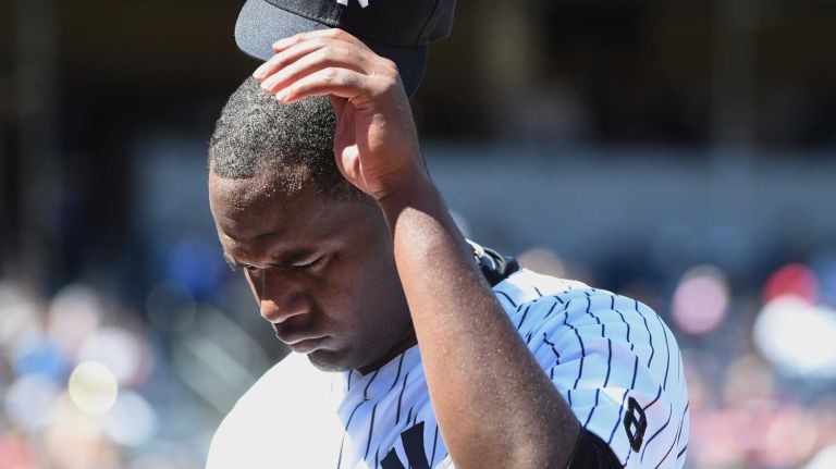Yankees vs. Rays 59 New York Yankees starting pitcher Michael Pineda walks to the dugout during the fifth inning against the Tampa Bay Rays in a game at Yankee Stadium on Sunday, April 24, 2016.