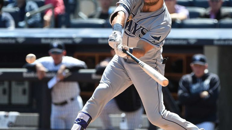 Yankees vs. Rays 65 Tampa Bay Rays center fielder Kevin Kiermaier doubles against New York Yankees starting pitcher Michael Pineda during the first inning of an MLB baseball game at Yankee Stadium on Sunday, April 24, 2016.