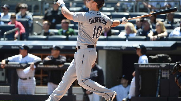 Yankees vs. Rays 67 Tampa Bay Rays designated hitter Corey Dickerson hits a two-run home run against New York Yankees starting pitcher Michael Pineda during the first inning of an MLB baseball game at Yankee Stadium on Sunday, April 24, 2016.