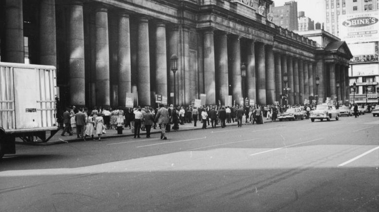 Pickets march in front of the old Penn Station, protesting the demolition of the building on Aug. 2, 1962.