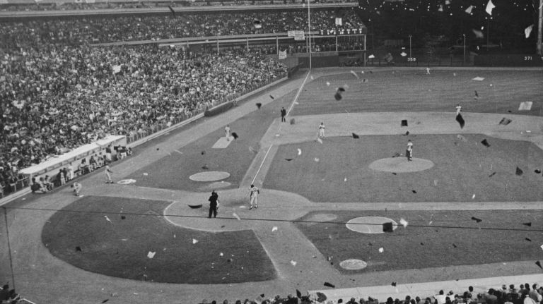 In the top of the 9th inning, confetti starts to fly at Shea Stadium on Sept. 24, 1969. The Mets had clinched the National League Division title with their victory against the St. Louis Cardinals.