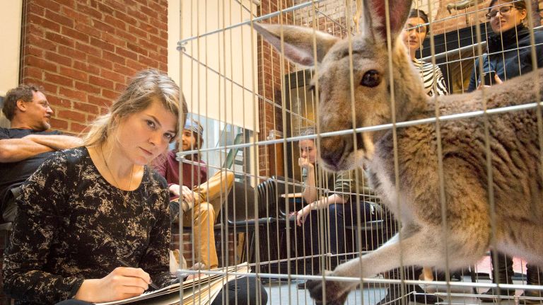 Art student Ragga Thorgrimsdottir drawing a red kangaroo named Lulu during art class at the New York Academy of Art in TriBeCa on Tuesday, March 29, 2016.
