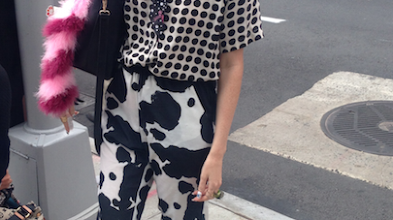 New York Fashion Week street style 5 Mixed prints in black and white, plus funky pink hair and accessories outside the New York Fashion Week tents at Lincoln Center.