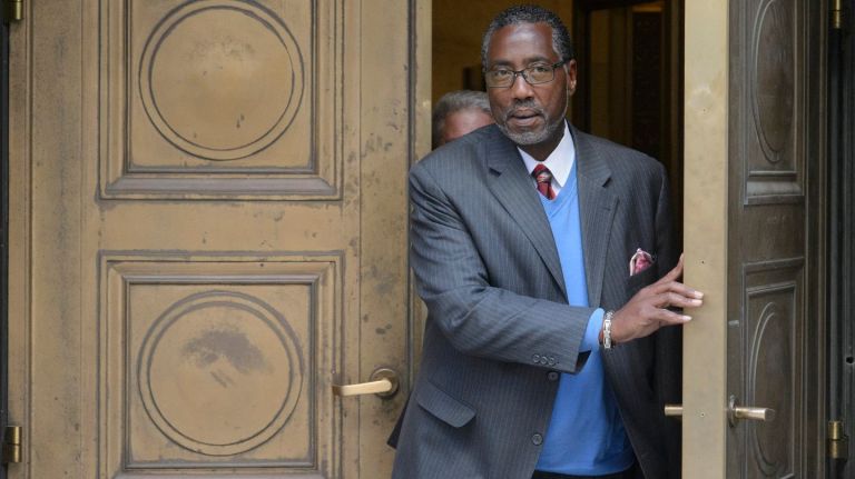 Norman Seabrook, the former president of the New York City Correction Officers' Benevolent Association, exits a federal courthouse in Manhattan during his bribery trial, Monday, Oct. 30, 2017. 