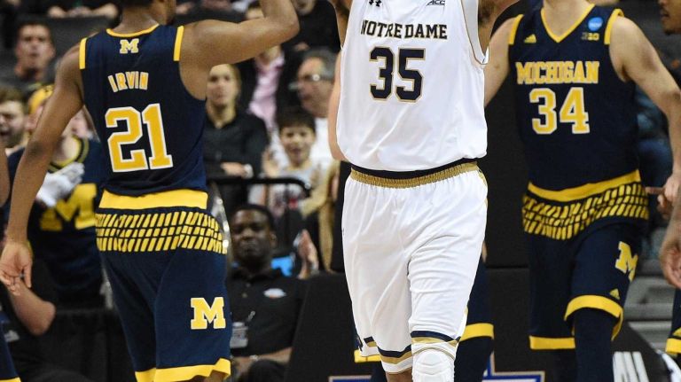 NCAA Tournament: Notre Dame vs. Michigan 23 Notre Dame Fighting Irish forward Bonzie Colson reacts after an offensive foul is called on him during the first round of an East Regional men's basketball game against the Michigan Wolverines in the NCAA Tournament at Barclays Center on Friday, March 18, 2016.