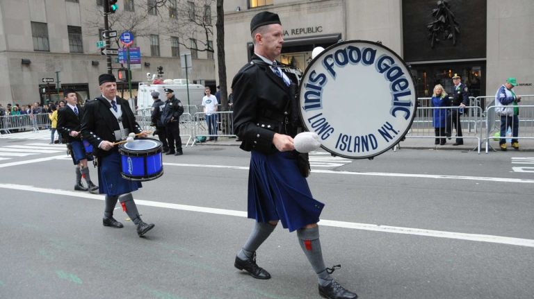 The Inis Fada Gaelic pipe band of Long Island marches in the St. Patrick's Day parade in Manhattan on March 17, 2016.