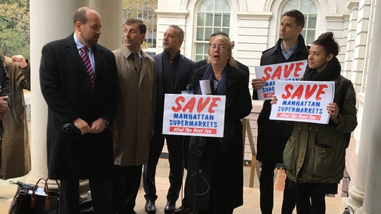 Manhattan Borough  President Gale Brewer, center, promotes a  bill that would exempt supermarkets from the  commercial rent tax.