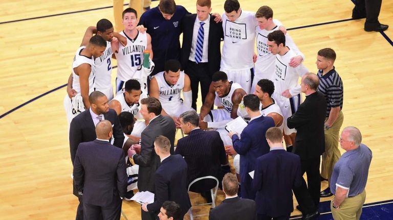 Villanova head coach Jay Wright speaks with his team during a timeout against Georgetown during the Big East Tournament at Madison Square Garden in New York, New York on Thursday, Mar 10, 2016. Big East Basketball Tournament between #8 Georgetown and #1 Villanova.
