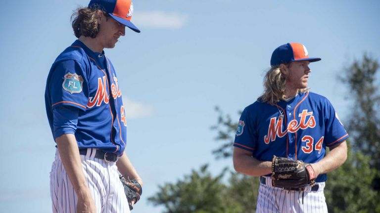New York Mets pitchers Jacob deGrom (left) and Noah Syndergaard throw a bullpen session on Sunday Feb. 28, 2016 during a spring training workout in Port St. Lucie, Fla.