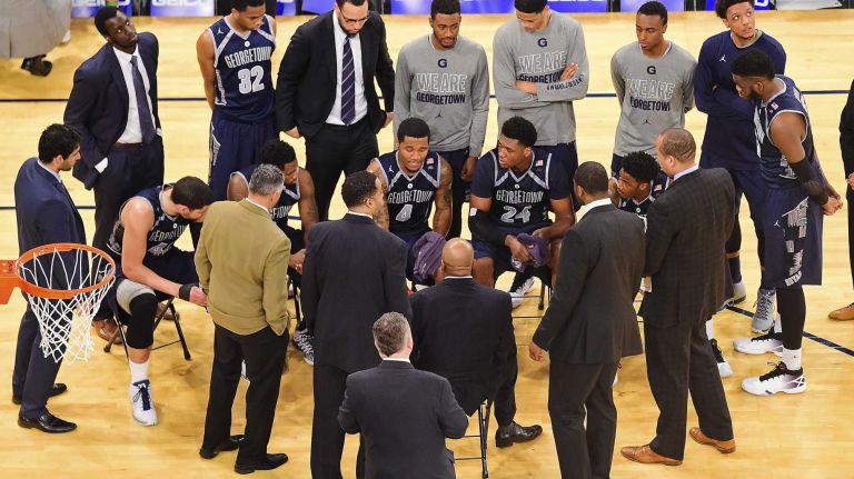 Georgetown head coach John Thompson III speaks with his team during a timeout against Villanova during the Big East Tournament at Madison Square Garden in New York, New York on Thursday, Mar 10, 2016. Big East Basketball Tournament between #8 Georgetown and #1 Villanova.