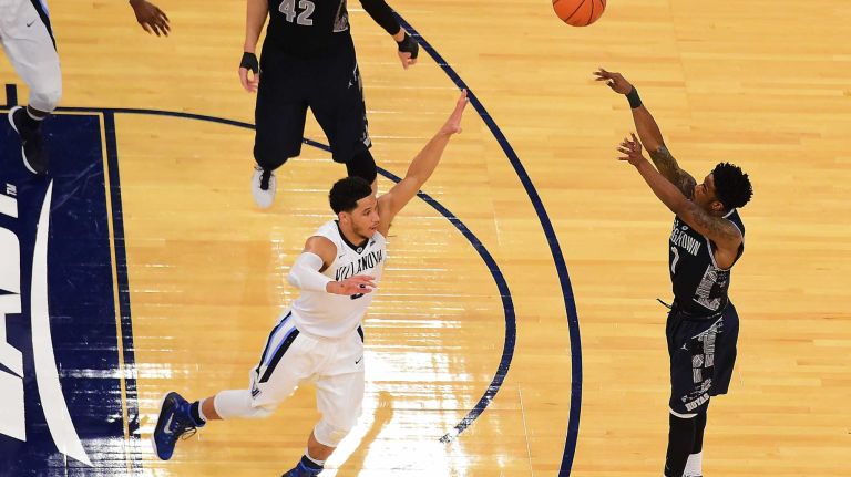 zGeorgetown guard Tre Campbell (1) attempts a three point basket under pressure from Villanova guard Josh Hart (3) during the Big East Tournament at Madison Square Garden in New York, New York on Thursday, Mar 10, 2016. Big East Basketball Tournament between #8 Georgetown and #1 Villanova.