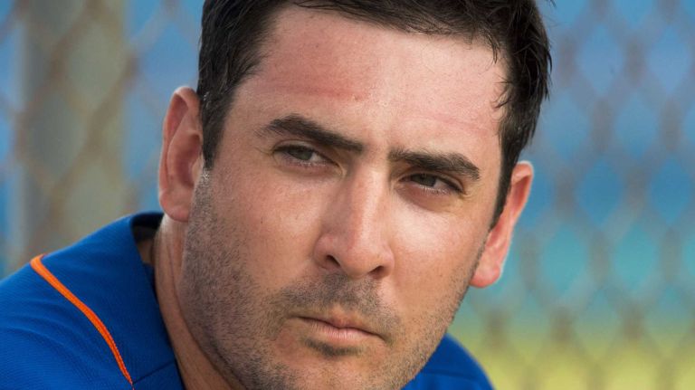 New York Mets pitcher Matt Harvey takes a break on Monday, Feb. 29, 2016 during a spring training workout in Port St. Lucie, Fla.