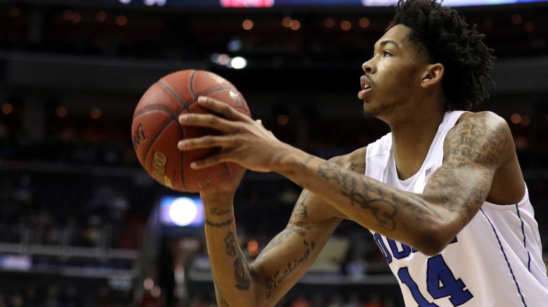 Brandon Ingram #14 of the Duke Blue Devils shoots against the North Carolina State Wolfpack during the first half in the second round of the 2016 ACC Basketball Tournament at Verizon Center on March 9, 2016 in Washington, DC. 