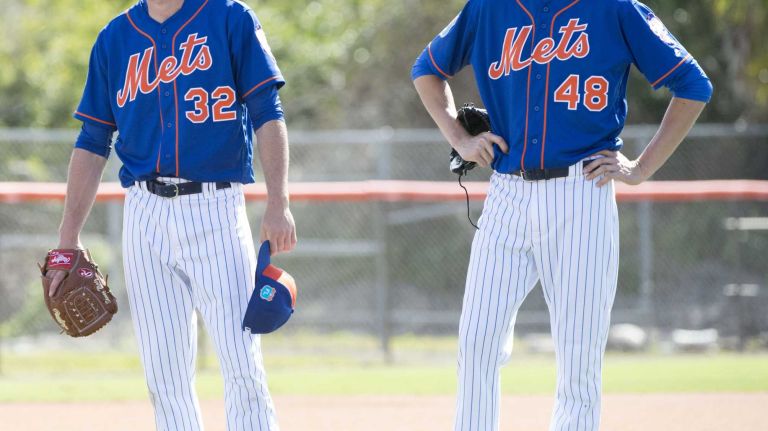 NY Mets pitchers Steven Matz (left) and Jacob deGrom during a spring training workout, Monday Feb. 22, 2016 in Port St. Lucie, Fla.