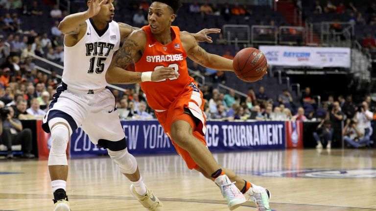 Syracuse vs. Pitt in ACC Tournament 14 Malachi Richardson #23 of the Syracuse Orange dribbles in front of Sterling Smith #15 of the Pittsburgh Panthers during the first half in the second round of the 2016 ACC Basketball Tournament at Verizon Center on March 9, 2016 in Washington, DC.