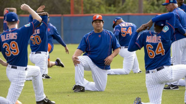 New York Mets pitcher Bartolo Colon is shown during a work out at spring training in Port St. Lucie, Fla. on Saturday, Feb. 20, 2016.