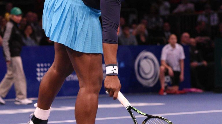 Serena Williams indicates the serve was out from Caroline Wozniacki during the 9th annual BNP Paribas Showdown at Madison Square Garden on Tuesday, March 8, 2016.