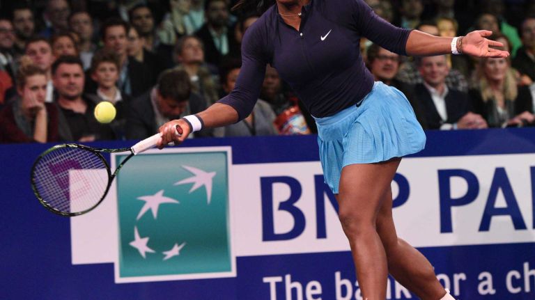 Serena Williams returns to Caroline Wozniacki during the 9th annual BNP Paribas Showdown at Madison Square Garden on Tuesday, March 8, 2016.