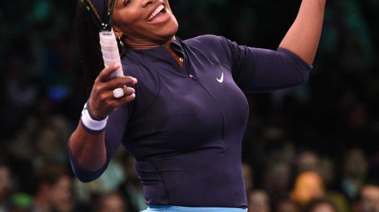Serena Williams reacts during her match against Caroline Wozniacki during the 9th annual BNP Paribas Showdown at Madison Square Garden on Tuesday, March 8, 2016.