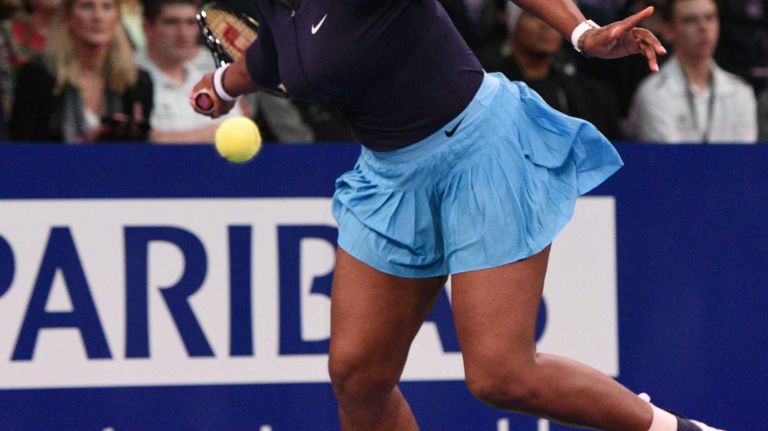 Serena Williams returns to Caroline Wozniacki during the 9th annual BNP Paribas Showdown at Madison Square Garden on Tuesday, March 8, 2016.