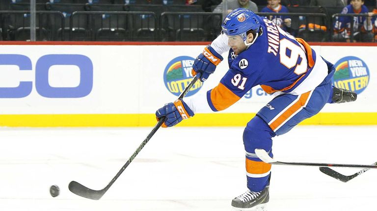 John Tavares #91 of the New York Islanders shoots the puck in the first period against the Detroit Red Wings at Barclays Center on Monday, Feb. 15, 2016 in Brooklyn, New York.