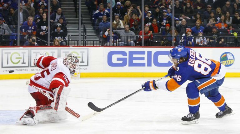 Nikolay Kulemin #86 of the New York Islanders misses a scoring chance in the third period against Jimmy Howard #35 of the Detroit Red Wings at Barclays Center on Monday, Feb. 15, 2016 in Brooklyn, New York.