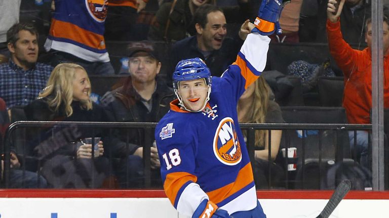 Ryan Strome #18 of the New York Islanders celebrates his third period goal against the Detroit Red Wings at Barclays Center on Monday, Feb. 15, 2016 in Brooklyn, New York.