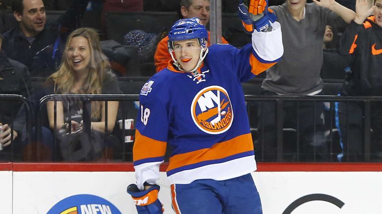 Ryan Strome #18 of the New York Islanders celebrates his third period goal against the Detroit Red Wings at Barclays Center on Monday, Feb. 15, 2016 in Brooklyn, New York.
