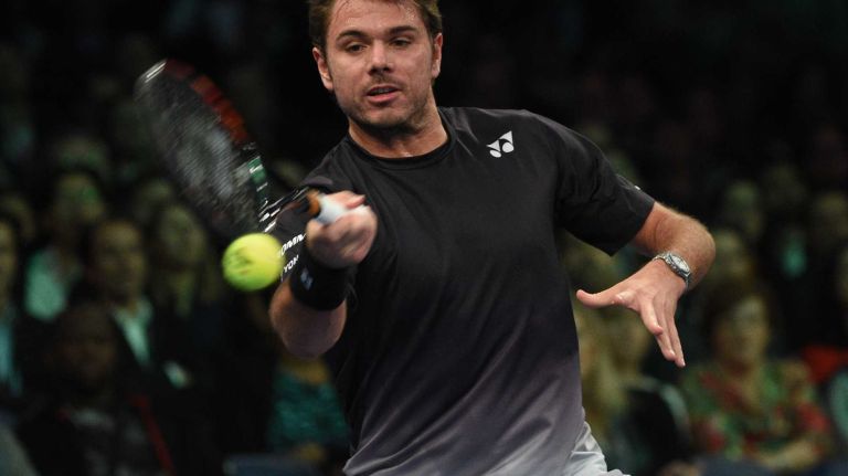 Stan Wawrinka returns to Gael Monfils during the 9th annual BNP Paribas Showdown at Madison Square Garden on Tuesday, March 8, 2016.