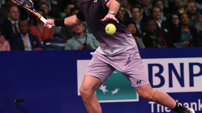 Stan Wawrinka returns to Gael Monfils during the 9th annual BNP Paribas Showdown at Madison Square Garden on Tuesday, March 8, 2016.