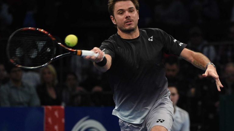 Stan Wawrinka returns to Gael Monfils during the 9th annual BNP Paribas Showdown at Madison Square Garden on Tuesday, March 8, 2016.