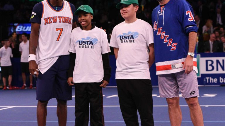 Gael Monfils, left, and Stan Wawrinka stand on the court before their match during the 9th annual BNP Paribas Showdown at Madison Square Garden on Tuesday, March 8, 2016.