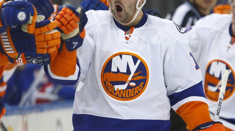 Islanders vs. Rangers 16 Cal Clutterbuck of the New York Islanders celebrates his goal late in the third period against the New York Rangers at Madison Square Garden on Sunday, March 6, 2016.
