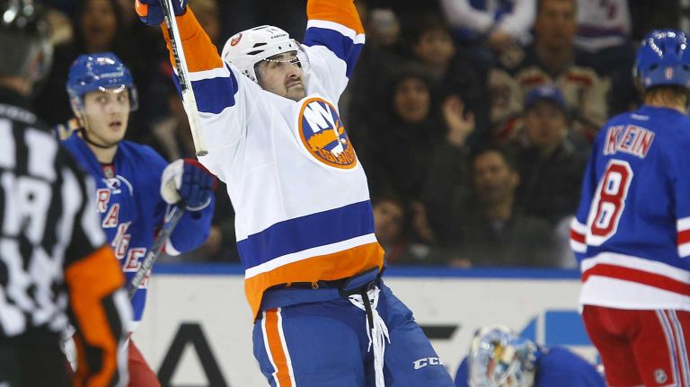 Islanders vs. Rangers 19 Cal Clutterbuck of the New York Islanders celebrates his goal late in the third period against the New York Rangers at Madison Square Garden on Sunday, March 6, 2016.