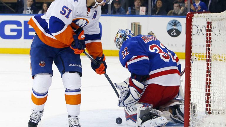 Islanders vs. Rangers 23 Frans Nielsen of the New York Islanders is stopped on a second period breakaway by Antti Raanta of the New York Rangers at Madison Square Garden on Sunday, March 6, 2016.