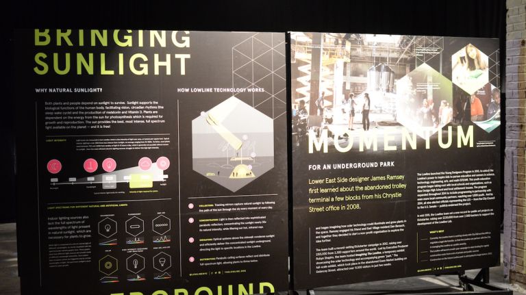 Upon arrival at the Lowline Lab, after entering through subway-like turnstiles, visitors walk along a path lined by detail boards, explaining the technological and environmental elements, as well as a plan the Lowline Lab entrepreneurs want to accomplish. 